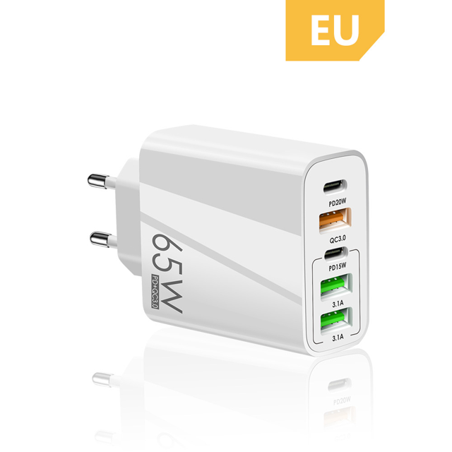 Cargador rápido de 5 puertos de 65 W con control de calidad 3.0, carga de pared para iPhone 13, 12 y 11, tableta, cargador rápido para móvil, enchufe UE/EE. UU., cargador USB PD.