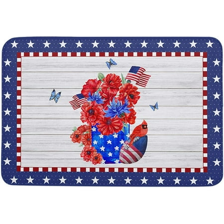 

USA Flag Memory Foam Doormat Anti-Skid Absorbent Indoor Door Mat Soft Floor Mat for Entryway Patio Kitchen High Traffic Areas Decor Mason Jar with Poppy Flowers Wooden Planks 20x32 Inch