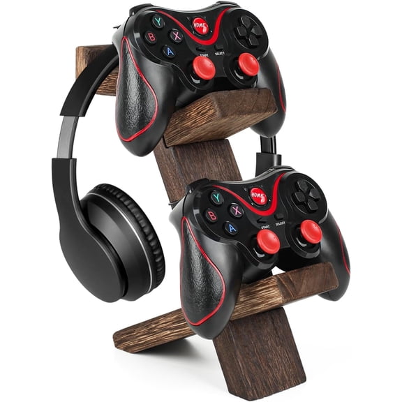 Wooden Game Controller Holder Headset Stand 2-Tier Universal Controller Gaming PC Accessories Storage Rack Headphone Stand for Xbox Series PS5 PS4