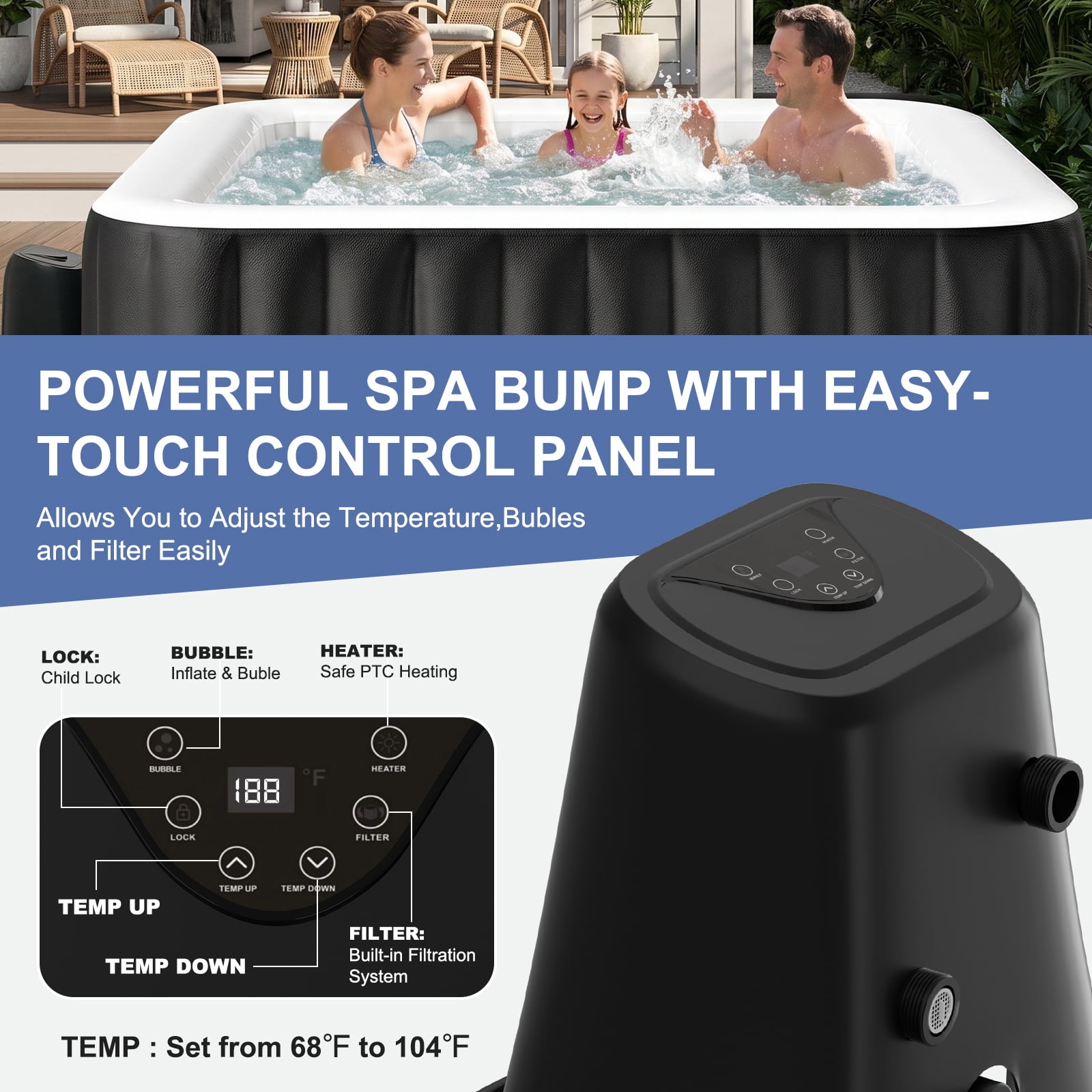 FICISOG Inflatable Hot Tub Set, 6 Person 73" Energy Efficient Hot Tub SPA with Bubble Jet, Heater Pump, 4 Filters, Insulated Tub Cover and EVA Floor Mat, Portable Family Pool Hot Tub for Patio
