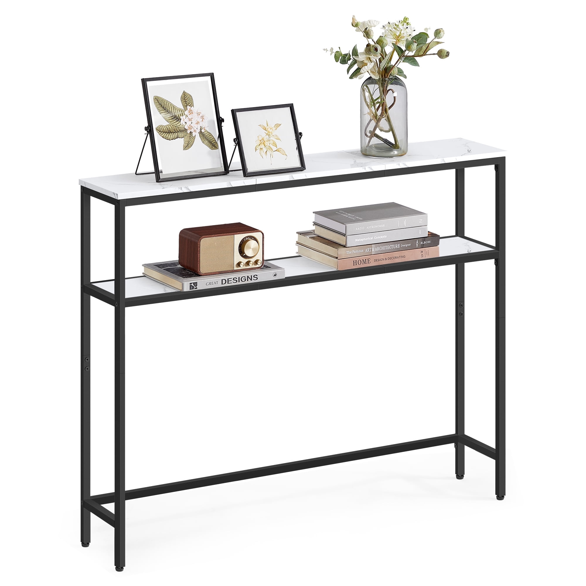 2-Tier Narrow Console Table with Marble White Top, 39.4 Inch Sofa Table for Entryway Living Room, Black Frame