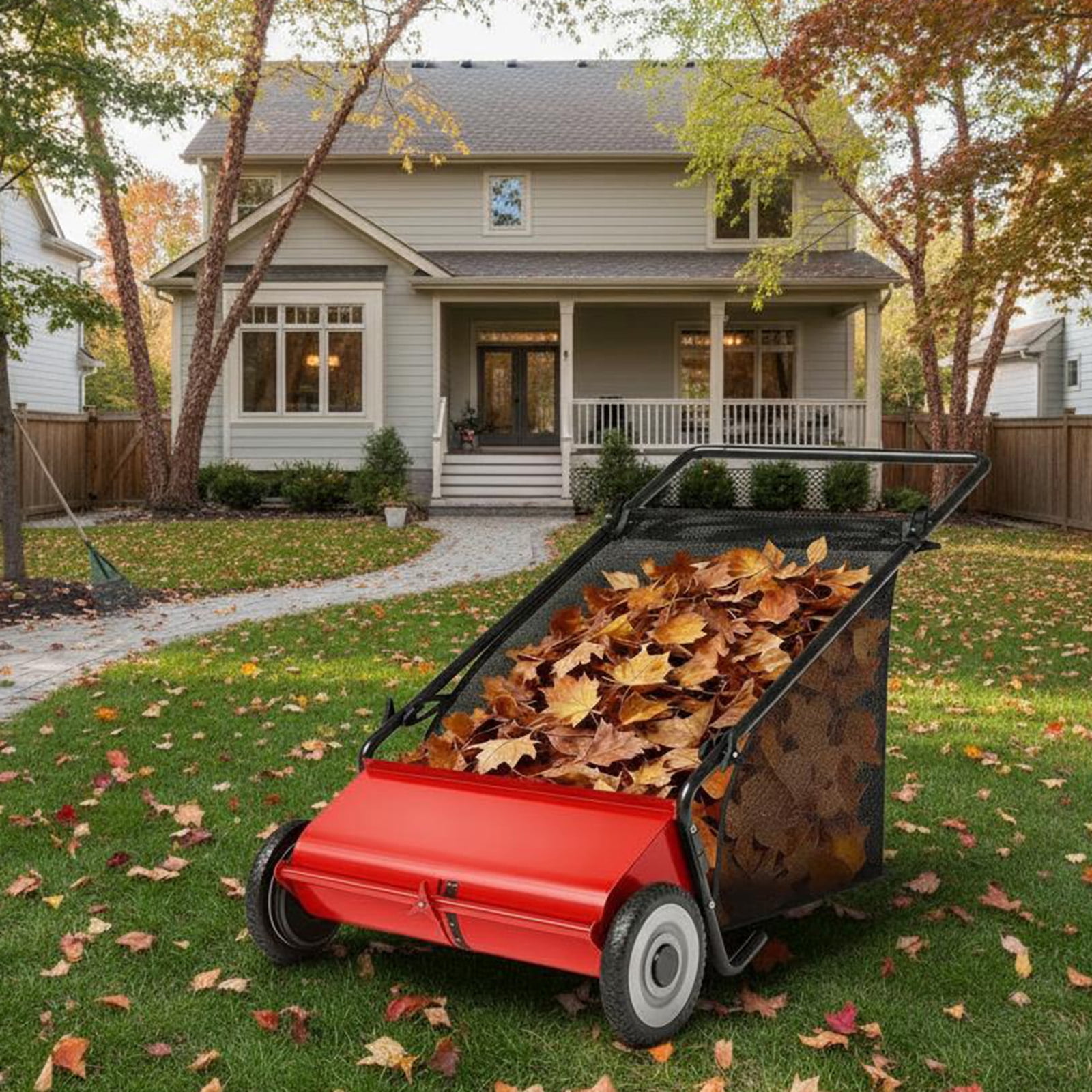 Memoryfield 26" Push Lawn Sweeper with 4 Spinning Brushes, 7 Cu.ft Large Capacity Collector, Adjustable Height Yard Leaf Sweeper for Lawn, Garden & Patio Cleanup, Red