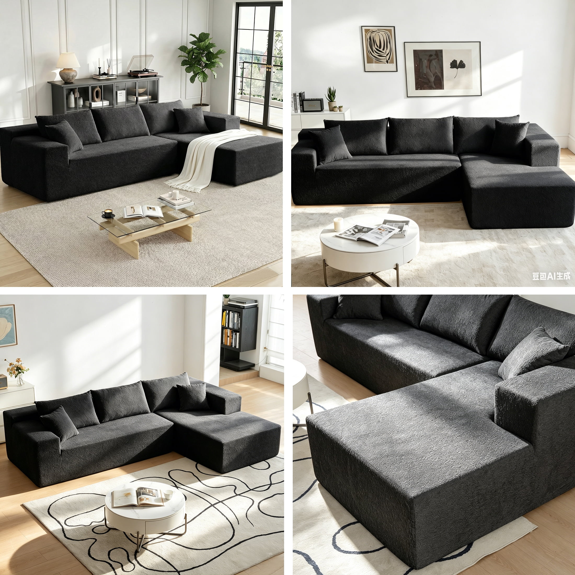 Xiweot 103" Boneless Sectional Sofa for Living Room, Memory Foam Cloud Modular Sectional Couch with Deep Seat, No Assembly Velvet L Shaped Sofa with Right Facing Chaise, Black