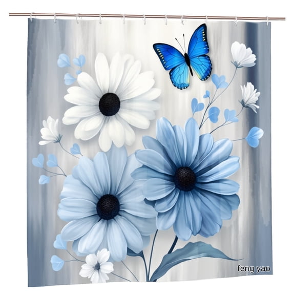 Amarainy Polyester Shower Curtain With Blue Butterfly And Daisy Flowers For Home Bathroom Bath Tub Decoration 72x72 inch