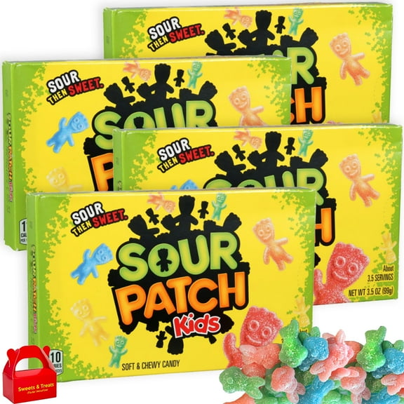 Sour Patch Kids Soft & Chewy Candy, 4 Theater Boxes - Movie Night Party Favor Holiday Treat Birthday Gift - 14 oz Total