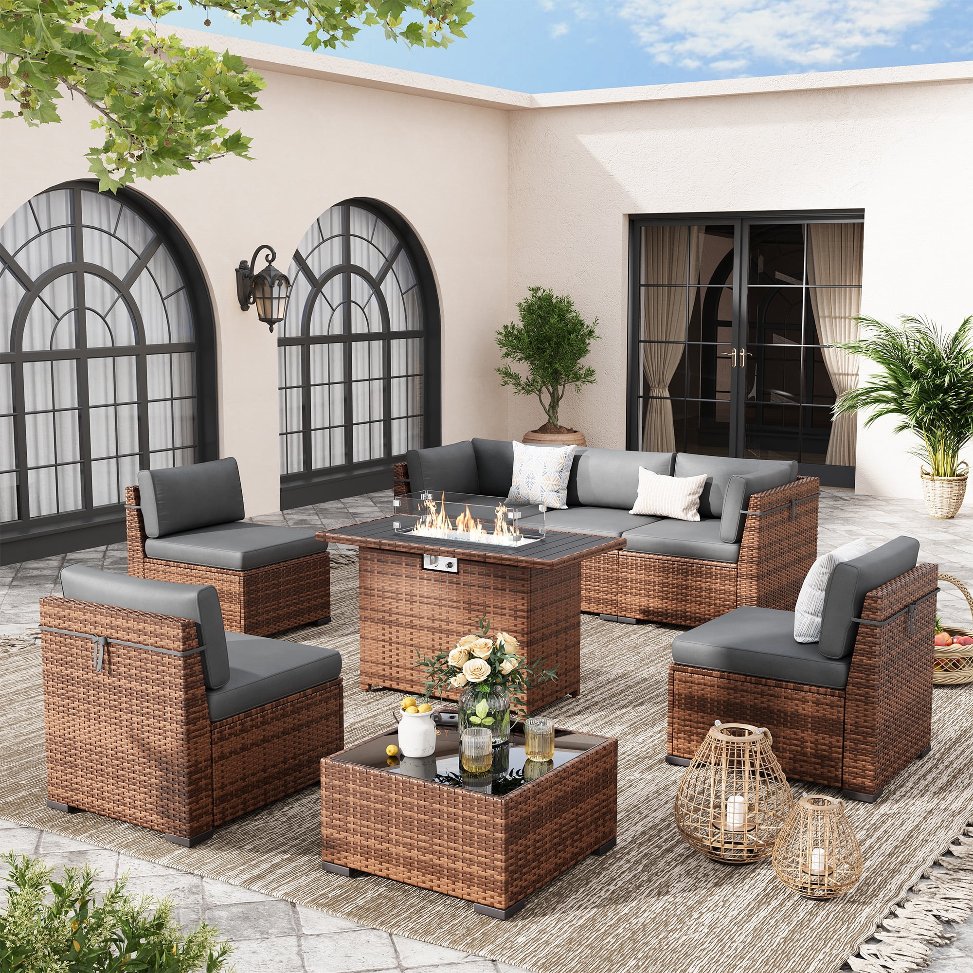 Poteban 8 Pieces Outdoor Patio Furniture Set with 44" Fire Pit Table, Brown Wicker Rattan Sectional Sofa with Cushions and Glass Coffee Table for Backyard Garden, Dark Gray