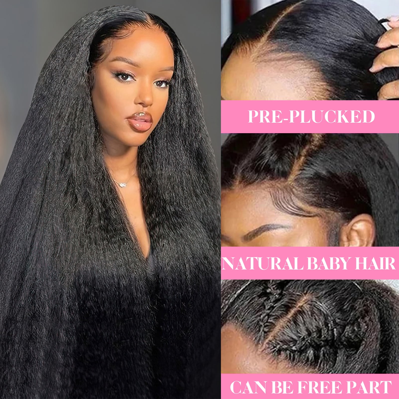 13x6 Kinky Straight Human Hair Wig 180% Density HD Transparent Glueless Lace Front Wigs Human Hair Pre Plucked with Baby Hair Natural Hairline Yaki Straight Human Hair Wigs For Black Women 32 inch