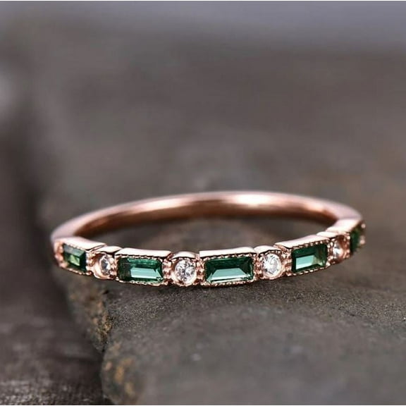 Emerald Band Ring Half Eternity Wedding Ring Stacking Ring Engagement Ring 925 Sterling Silver Rose Gold Plated Gemstone Jewelry For Women Gift