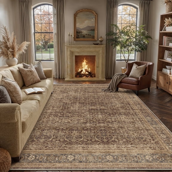 BERTHMEER 8'x10' Area Rugs for Living Room Vintage Brown Rugs for Bedroom Home Office Machine Washable Large Farmhouse Dining Room Oriental Rugs Non Slip Traditional Distressed Carpets