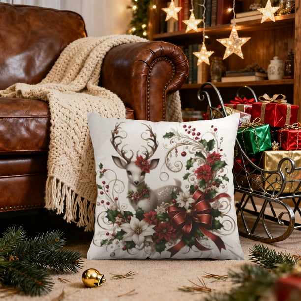 Funda de almohada navideña | Funda de almohada decorativa festiva con estampado de renos y Papá Noel | Decoración festiva para el hogar, ideal para sofá y cama | Funda de cojín cuadrada de 45x45 cm