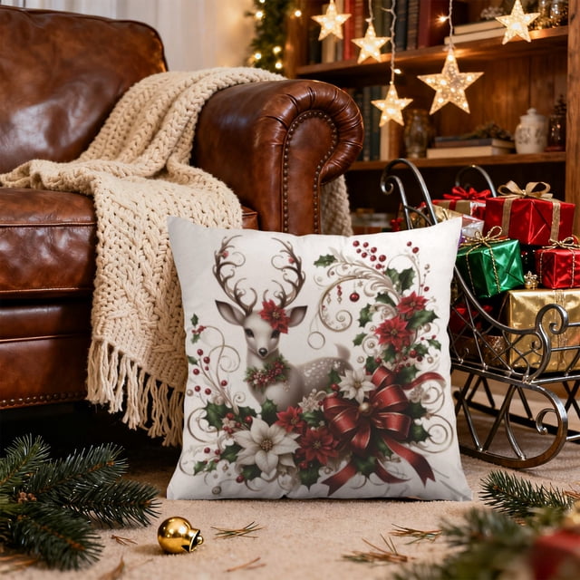 Funda de almohada navideña | Funda de almohada decorativa festiva con estampado de renos y Papá Noel | Decoración festiva para el hogar, ideal para sofá y cama | Funda de cojín cuadrada de 45x45 cm