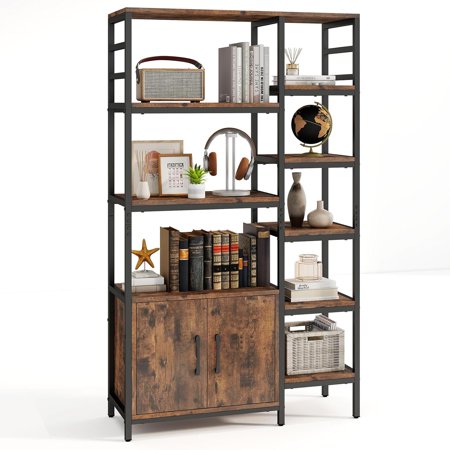 YN Double Column 8-Tier Bookshelf, 55.5" Tall Open Bookshelf, Industrial Etagere Bookcase with 2-Door Cabinet, Anti-tipping Device, Freestanding Display Shelving Unit for Living Room, Kitchen, Study