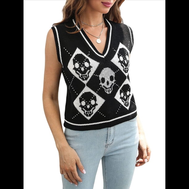 Suéter de Punto Sin Mangas con Cuello en V para Mujer, Chaleco con Estampado de Calaveras, Top Corto Sin Mangas Negro L