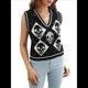 thumbnail image 1 of Suéter de Punto Sin Mangas con Cuello en V para Mujer, Chaleco con Estampado de Calaveras, Top Corto Sin Mangas Negro L, 1 of 10