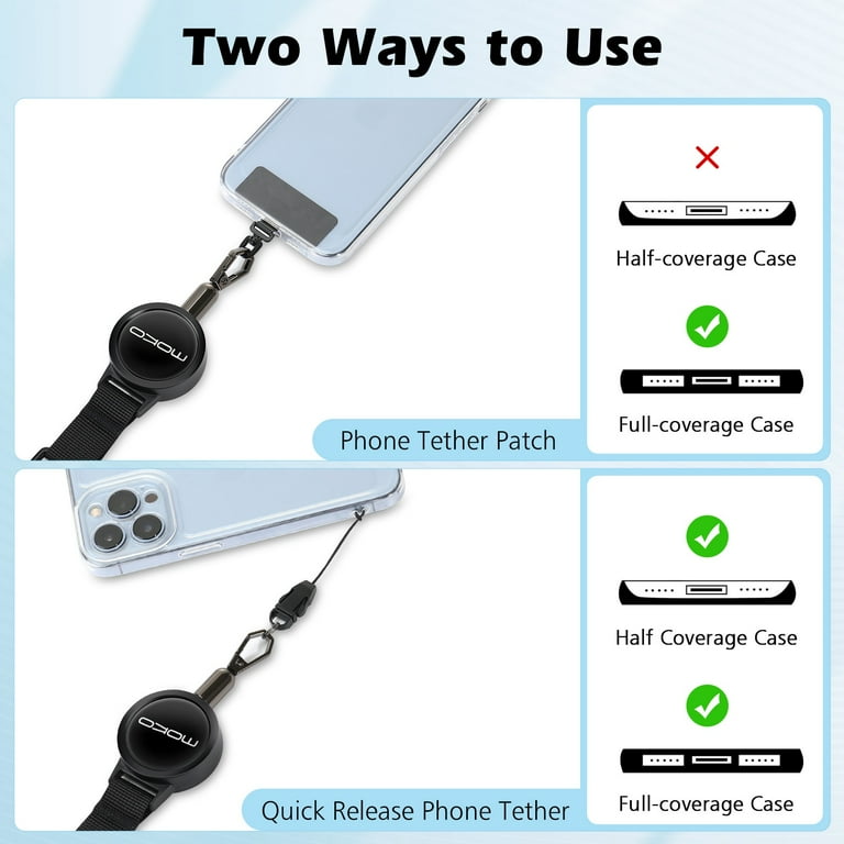 MoKo 2Pack Anti-theft Phone Lanyard, Universal Adhesive Anchor Retractable  Steel Line Cellphone Strap with Locking Carabiner and Metal 360 Tether ...
