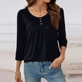 thumbnail image 5 of 3/4 Length Sleeve Womens Tops Loose Fit Trendy Pleated Lightweight T Shirts Casual Button Scoop Neck Tunic Tops Black S, 5 of 6