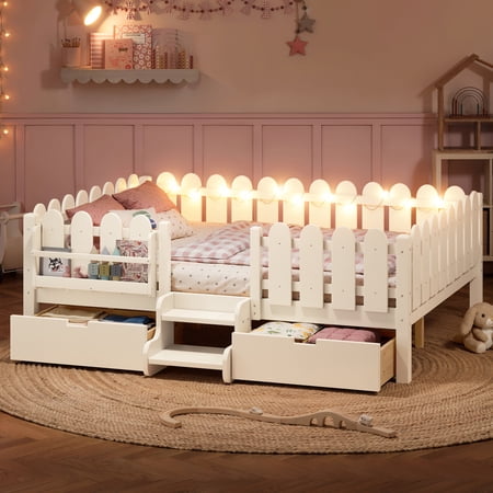 Queen Size Platform Bed with Guardrail and Bookshelf, Twin Bed Frame with Led Lights and Stairs, Low Profile, Childlike And Farm Style Design, Beige