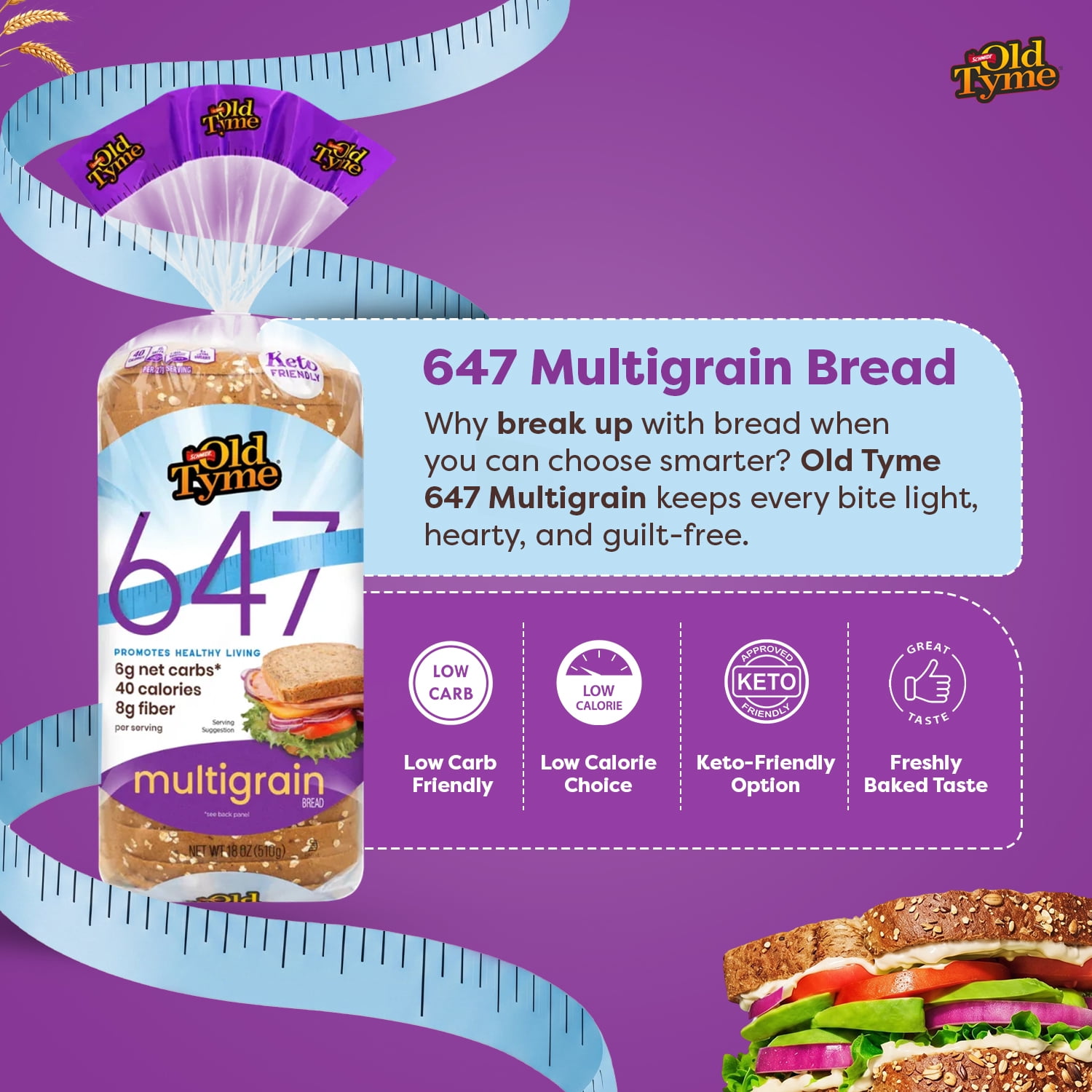 Schmidt Old Tyme 647 Multigrain Bread, Keto, Low Carb, 40 Cal, High Fiber, 18oz Loaf