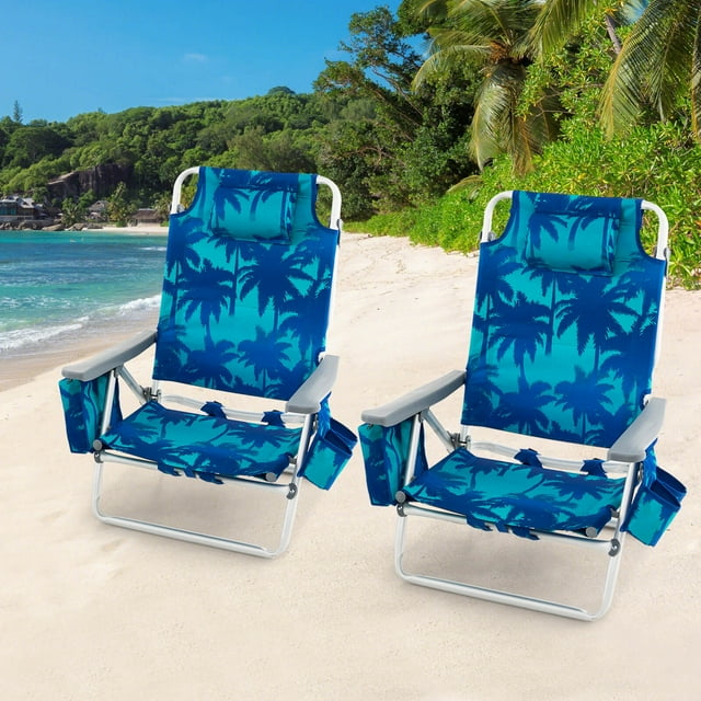 Patiojoy Lot de 2 Chaises de Plage Pliantes Type Sac à Dos, Chaises Inclinables d'Extérieur à 5 Positions avec Oreiller, Bleu Foncé
