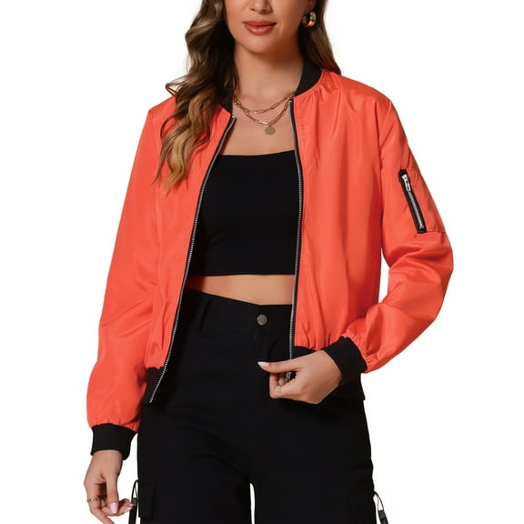 INSPIRE CHIC Women's Coat Casual Zip Up Bomber Jacket Windbreaker Outerwear with Pockets XS Orange