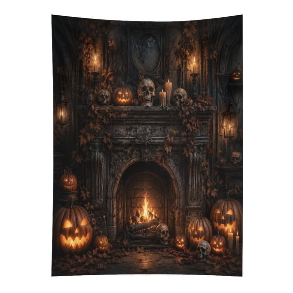 YILUYINQING Vintage Stone Fireplace Pumpkin Skull Candle Autumn Halloween Scene Tapestry, Vertical Print Wall Hanging Tapesties for Bedroom Dorm Living Room, Aesthetic Home Decor for Adults And Famil