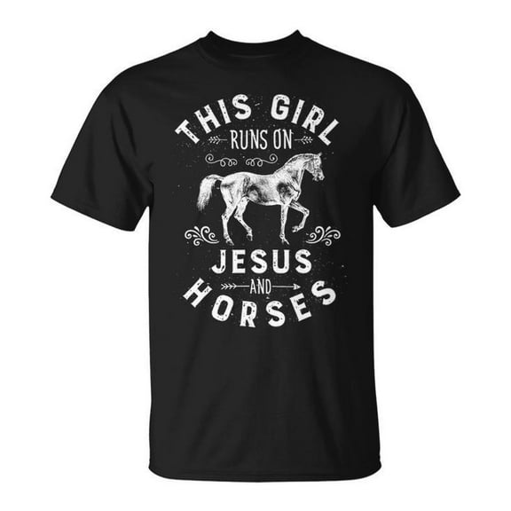 This Girl Runs Jesus and Horses Graphic Cotton Tee Women Adult Casual Faith Equestrian Lover Comfortable T-Shirt for Everyday Wear, Size 2XL, Color Black