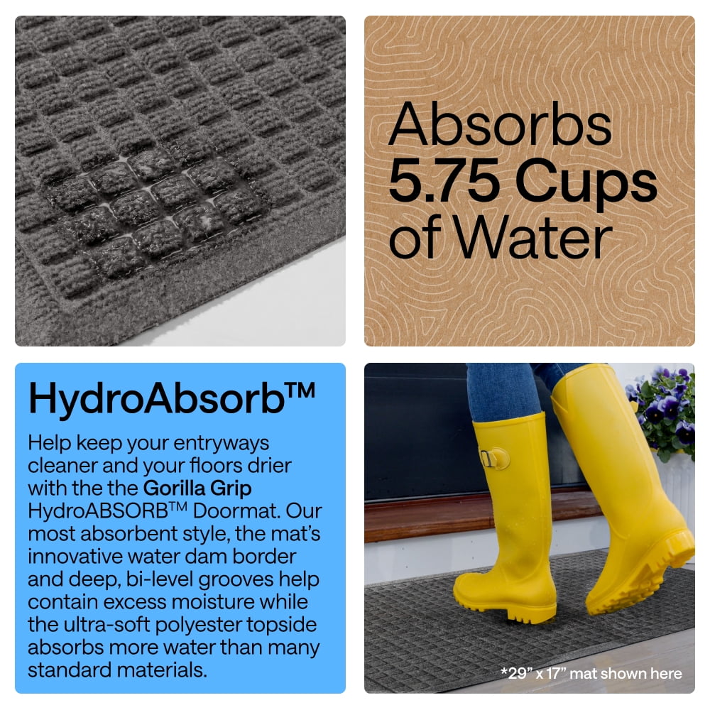 GORILLA GRIP HydroAbsorb Doormat, Indoor Outdoor Rubber Backed Weather Mat, 35x23, Charcoal