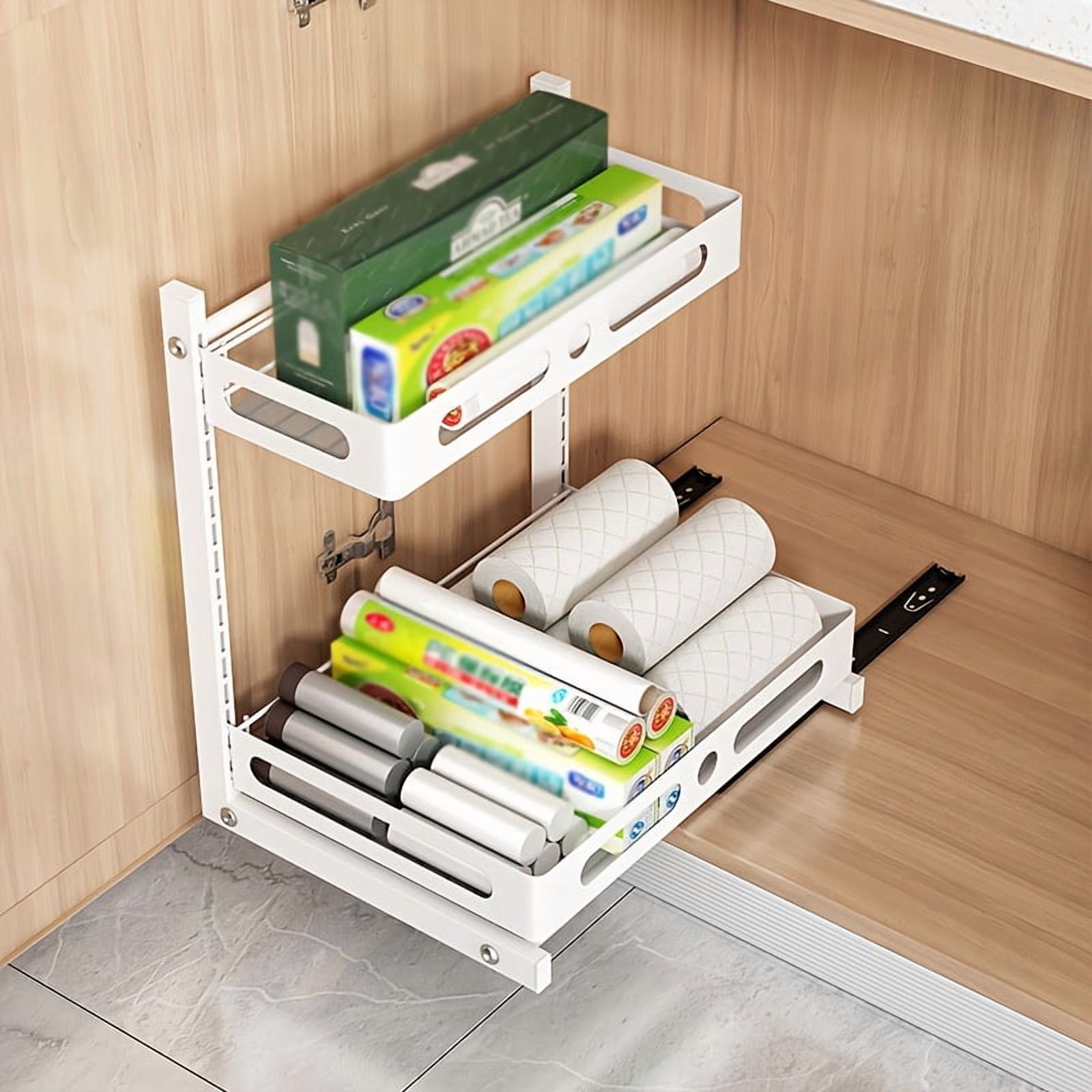 Under Sink Organizer, Pull Out Cabinet Organizers, Slide Sink Steel Shelf Cabinet Storage Shelves, Under Sink Storage for Kitchen Bathroom Cabinet (White, 2 Pack)