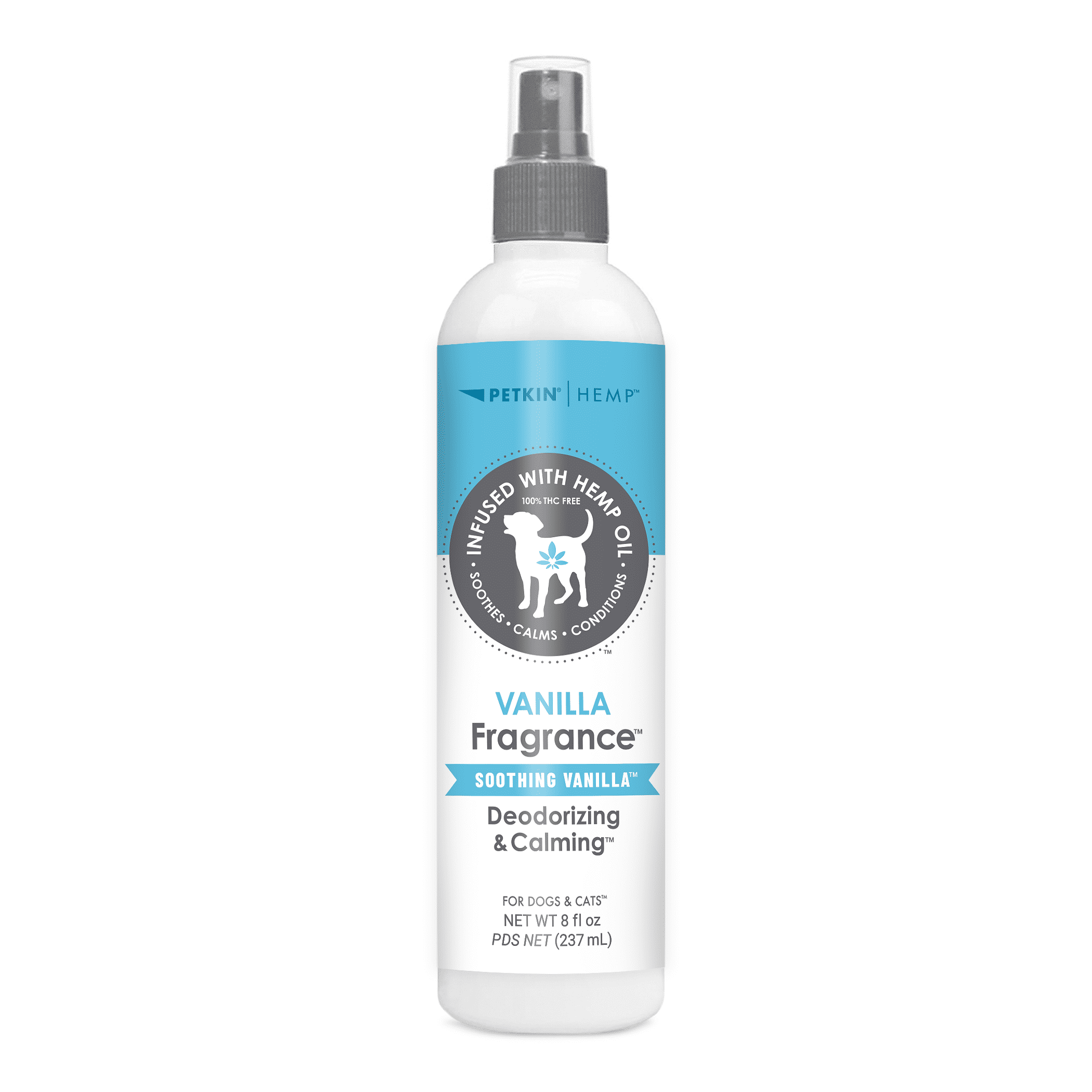 Petkin 8 Fluid ounces Vanilla Fragrance Infused with Hemp Oil for Dogs and Cats.  8 Fluid ounce size.