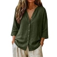 thumbnail image 4 of QASIEATN Women's Casual V Neck Button 3/4 Sleeve Linen Blouse Loose Fit Solid Color Tops for Summer Fall Fashion Outfits for Women, 4 of 7