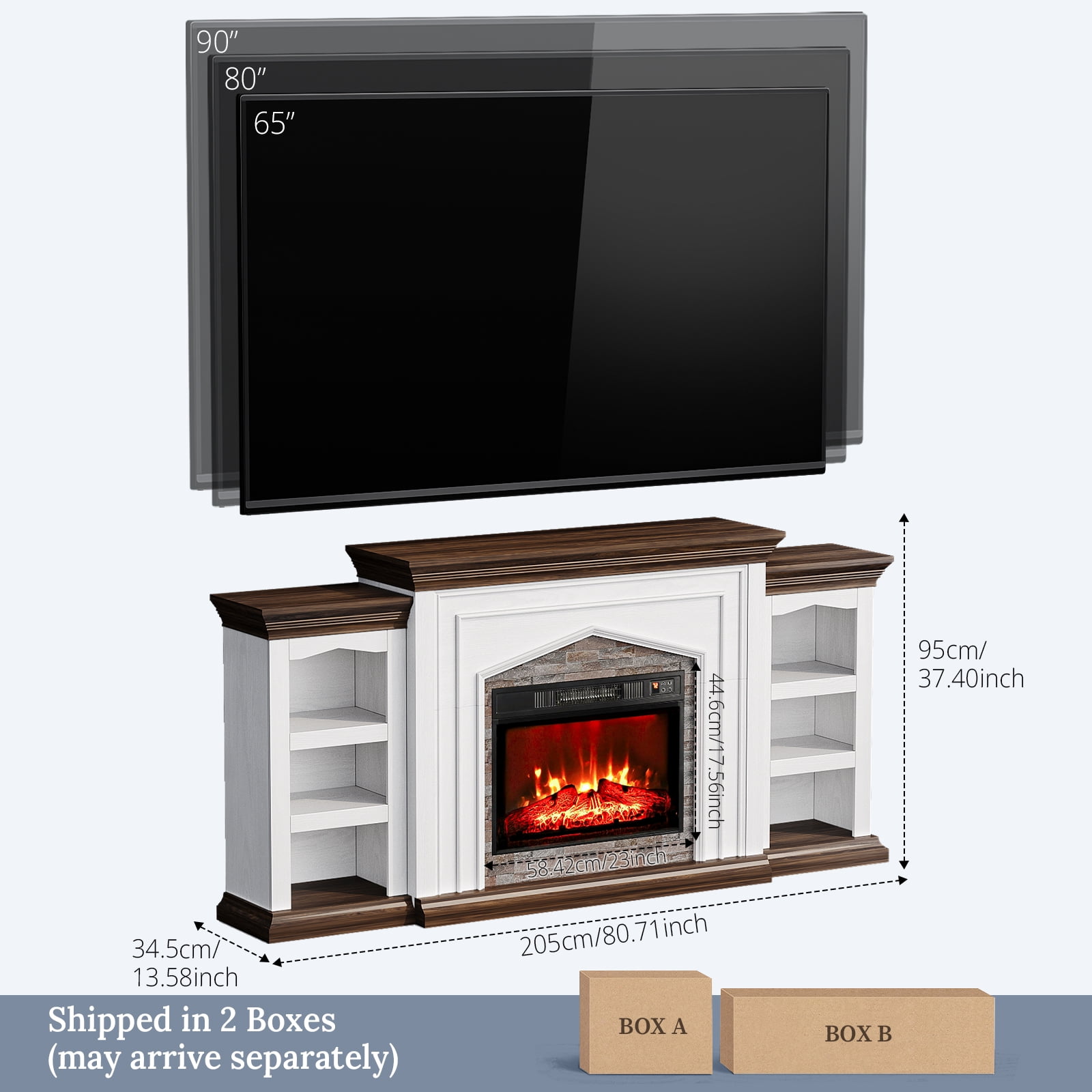 LGHM 80" Fireplace TV Stand with Storage & Bookshelves, Electric Fireplace with Mantel, Farmhouse Entertainment Center for TVs up to 90" with Remote Control, White & Brown