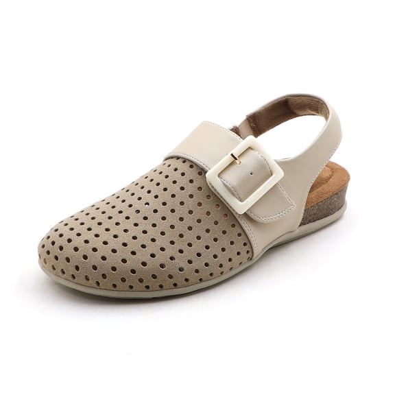 Women's Cushioned Genuine Leather Perforated Slingback Buckle Comfort Clogs Cork Footbed