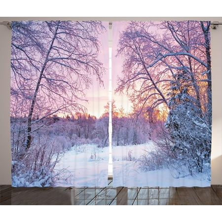Sunset Window Windows (Landscape Curtains 2 Panels Set, Winter Season Themed Dried Abandoned Braches Snowy Sunset Scenery Image, Window Drapes for Living Room Bedroom, 108W X 96L Inches, Lavander Lilac White, by)