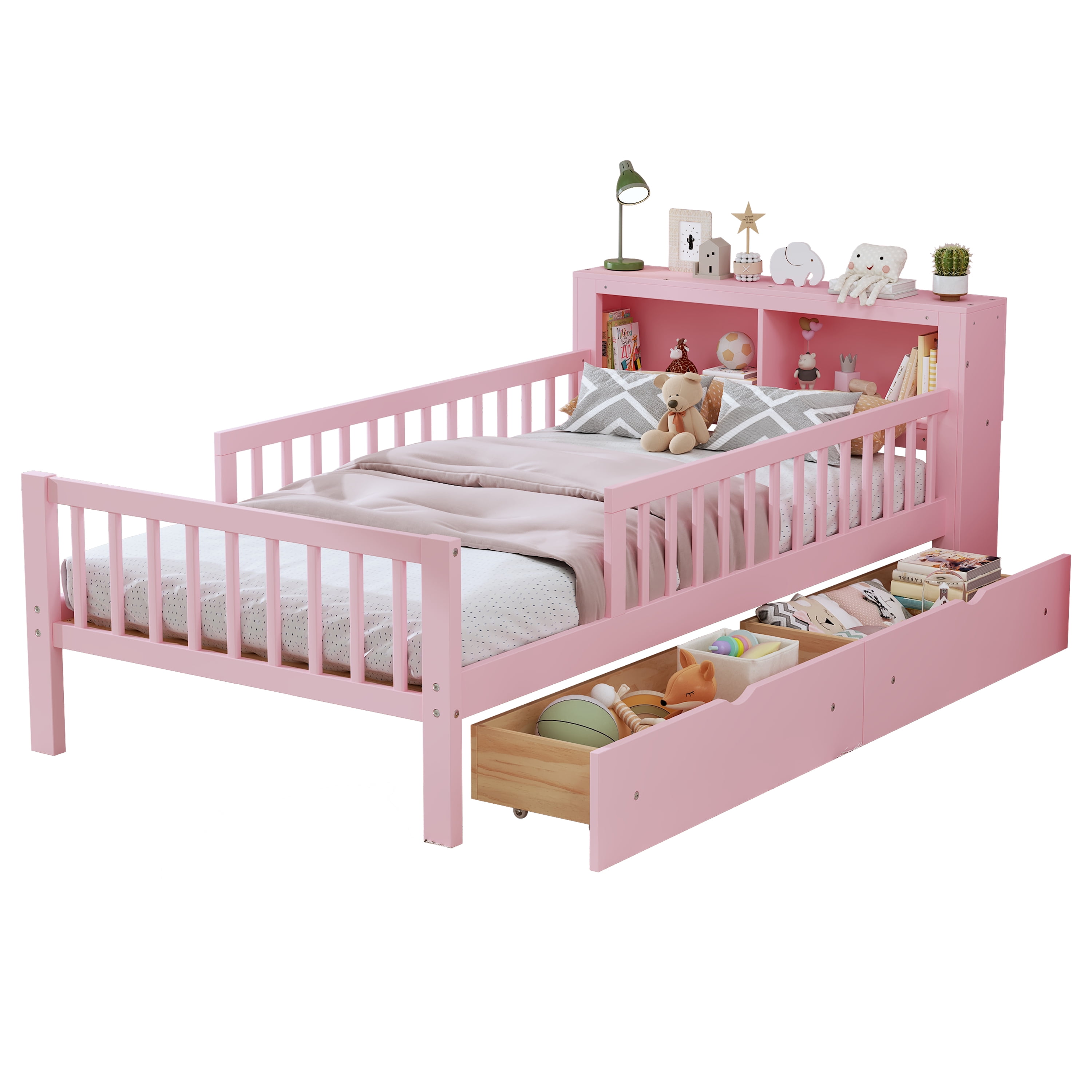 Euroco Wood Twin Size Platform Bed with Storage Headboard and Drawers, Low Profile Bed with Guardrails for Kids and Toddlers, Pink