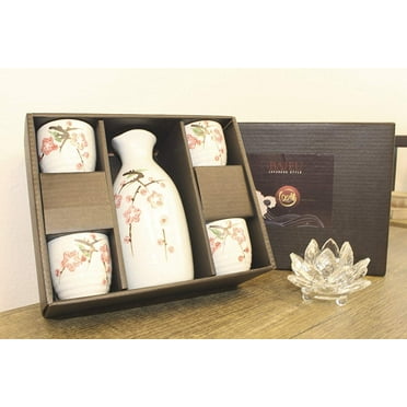 Smiling Juju Porcelain Japanese Sakura Flower Sake Set 4 Cups 1 Decanter / Bottle / Carafe -D
