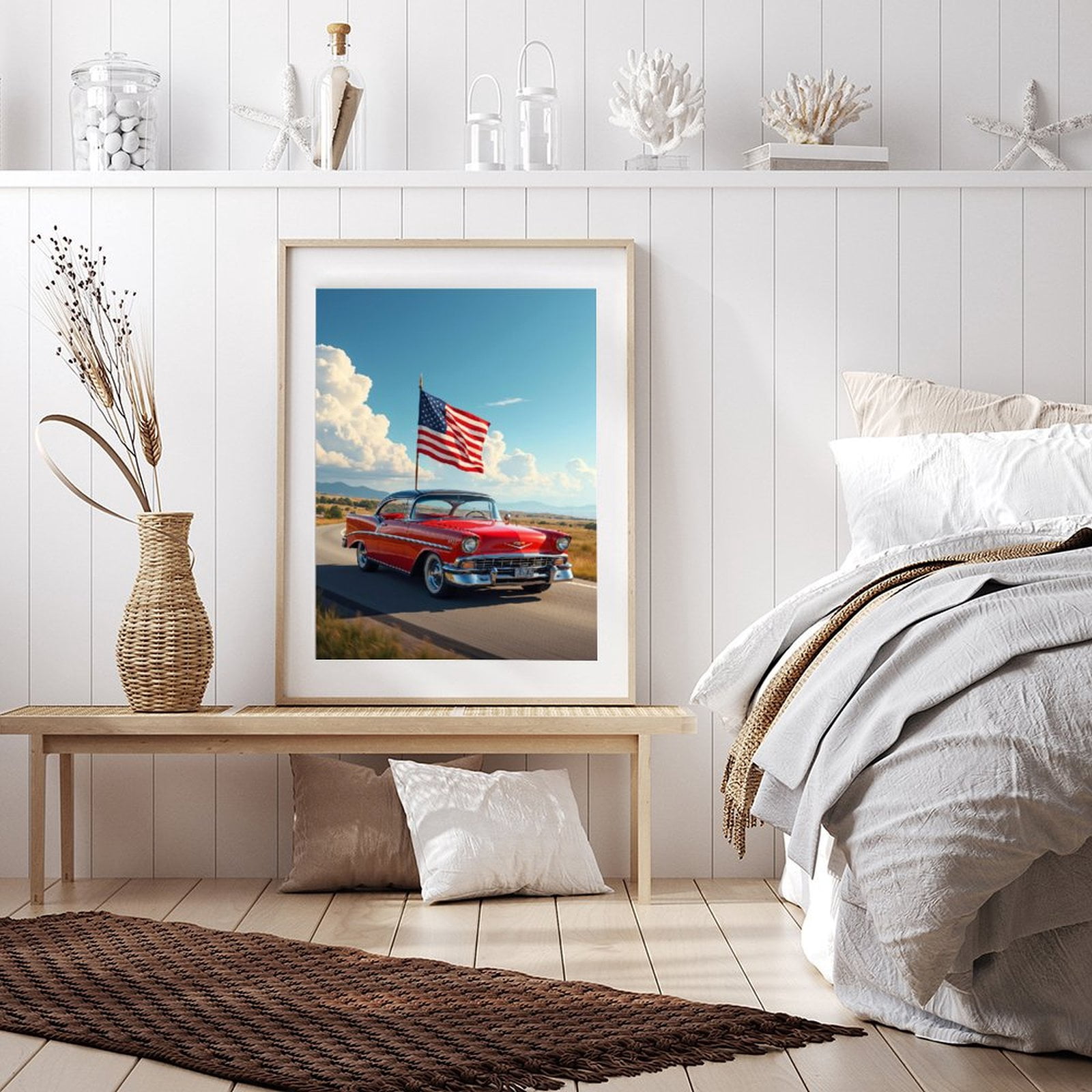 Diamond Art Kits for Adults - 5d Vintage Red Car American Flag Diamond Painting for Adults, Diamond Art for Adults Beginners, Diamond Painting Kits for Adults for Home Wall Decor