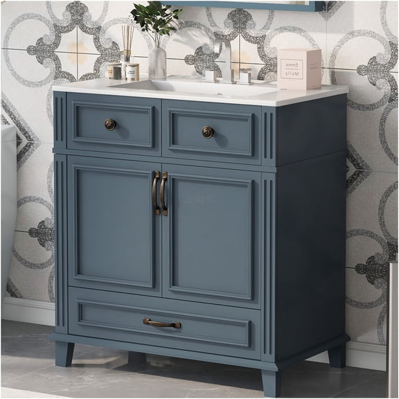 JERFIT 30 inch Blue Retro Bathroom Vanity with Ceramic Sink, Soft Close Doors and Drawer, Solid Wood Frame Storage Cabinet