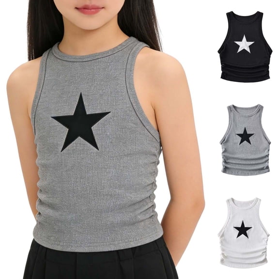 Yeaiivve Girls Y2K Tank Top Slim Fit Star Graphic Cropped Tank Tops High Neck Sleeveless Summer Tops 2026 Trendy Streetwear Outfits Black 11-12Years