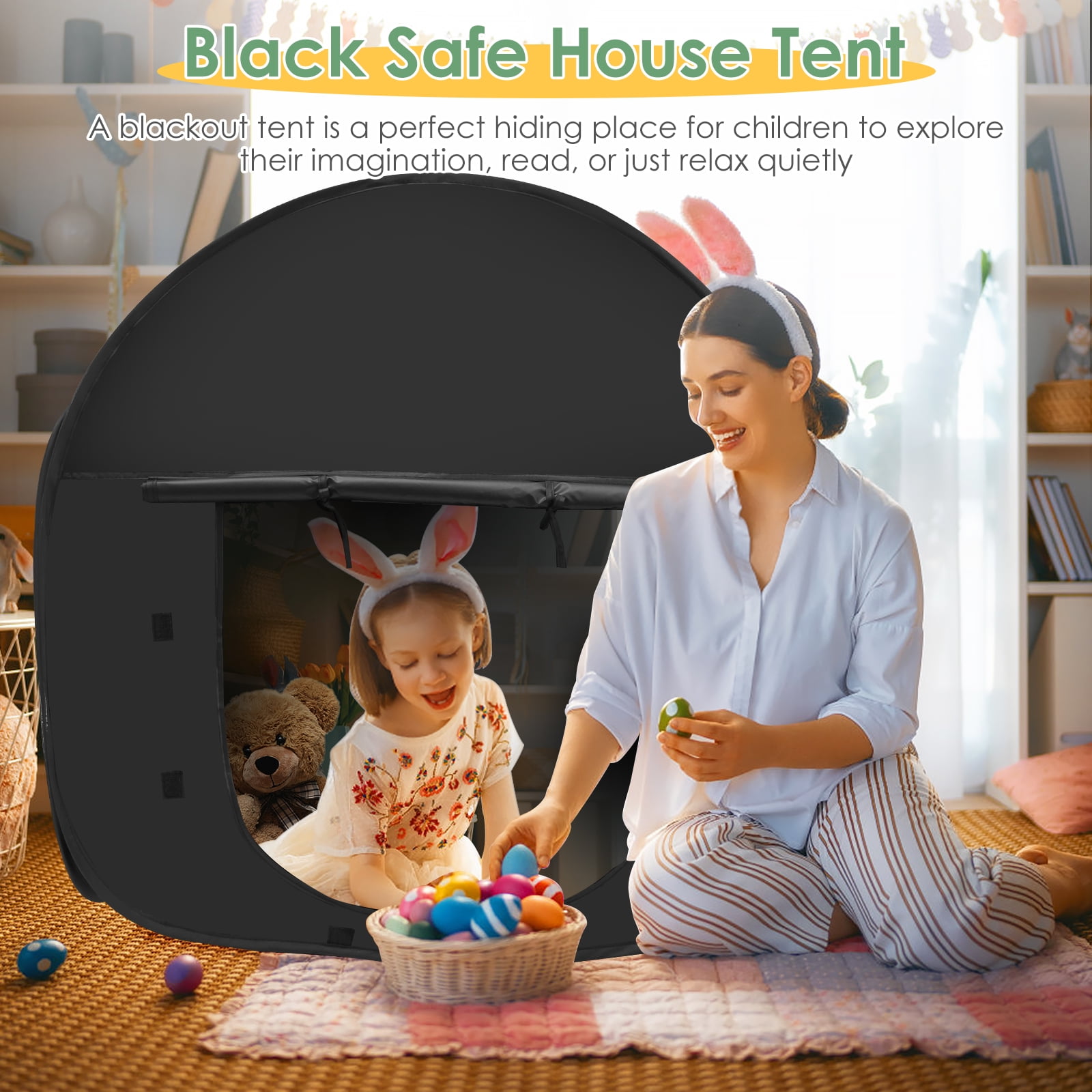 AEVXKHI Pop Up Blackout Calming Tent with 2 Windows, Easy to Set Up, Foldable Calm Down Black Tent, Comfortable Accommodate 1 to 2 People Calm Corner Tent for Kids