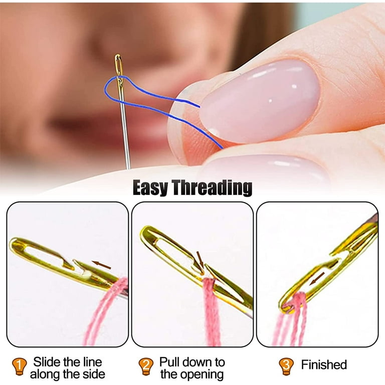Self Threading Needles for Hand Sewing - Easy Thread Needles, Quilt Needles  for Hand Sewing with Wood Needle Storage Case 