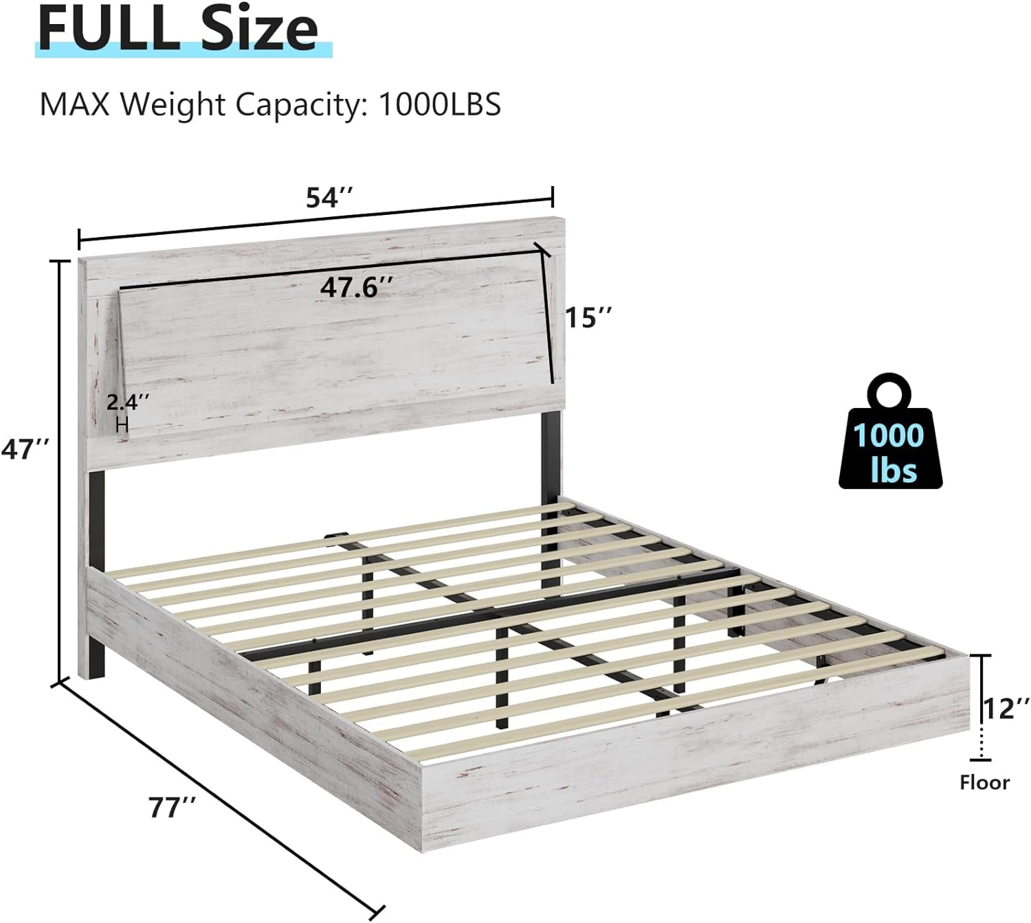 VanAcc Full Size Wood Floating Bed Frame with Headboard & LED Light, Wooden Platform Bed Frame with Slats Support, Easy Assembly, White Birch