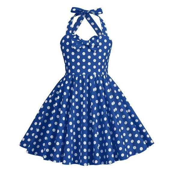 NiSHUIHAN Girl Dresses Girl's Summer Neck Hanging Waist Spliced Polka Retro Children's Dress Blue 130