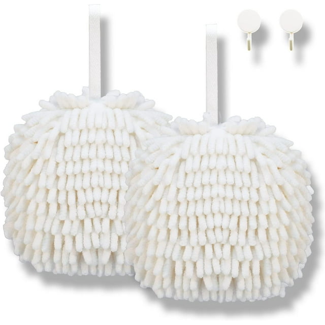 Xiao Hua Toallas de mano de chenilla suaves y absorbentes, bolas decorativas de felpa para colgar, toalla de secado grueso para el hogar, la cocina y el baño (blanco x 2)