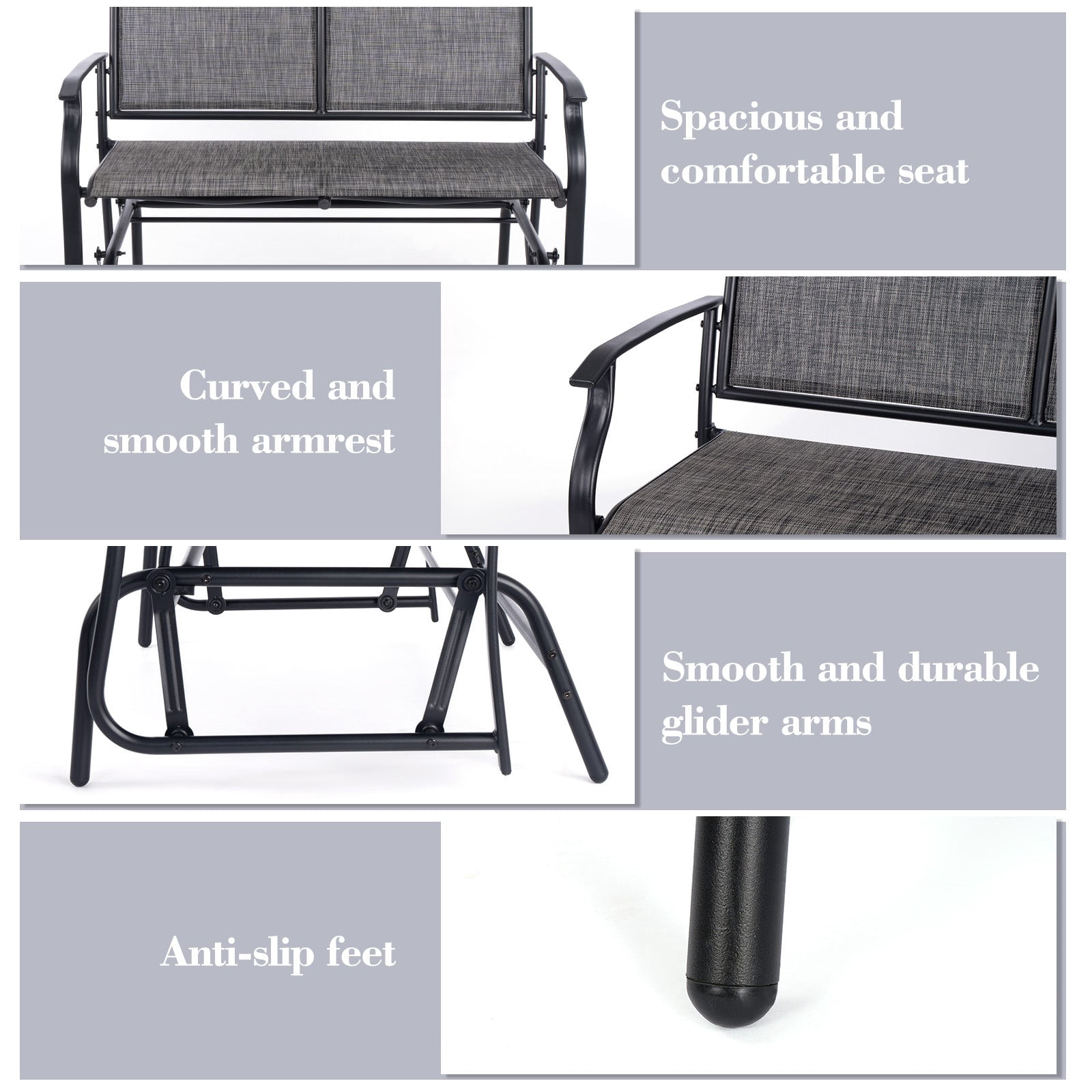 Backyard Expressions 2-Person Outdoor Glider Bench, Patio Double Swing Rocking Chair Loveseat w/Powder Coated Steel Frame for Backyard Garden Porch, Black Frame - Heathered Grey Sling Fabric