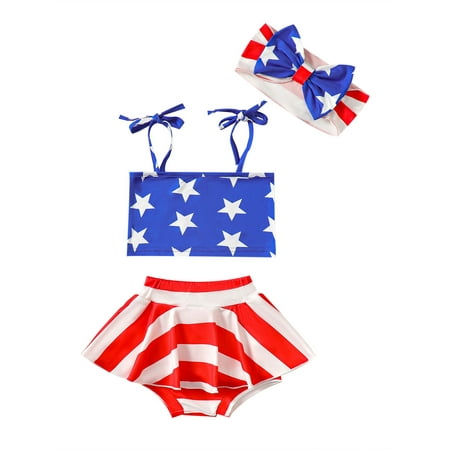 

4th of July Baby Girl Swimsuits Outfits Spaghetti Strap Tops + Skirt Shorts + Headband Set Patriotic Clothes