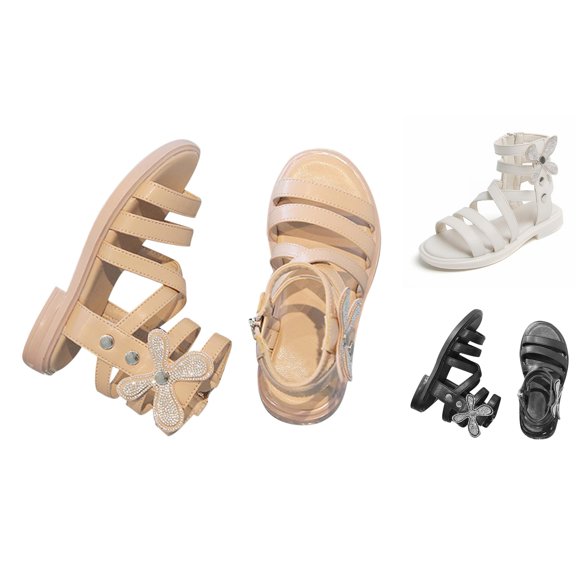Gyujnb Girls Gladiator Sandals Rhinestone Butterfly Back Zipper Soft Sole Summer Princess Shoes,10.5-11 Years