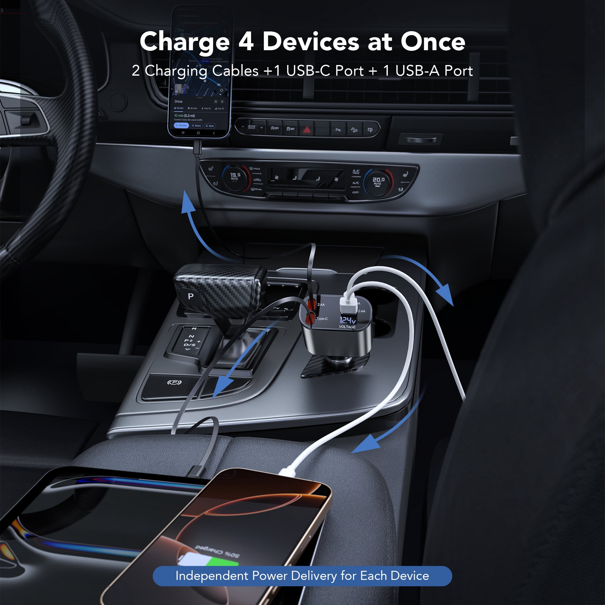 TAOHAI 60W 4-in-1 Retractable Car Charger USB C - Fast Charging Adapter with 2 USB Ports for iPhone 16/15, Galaxy, Pixel