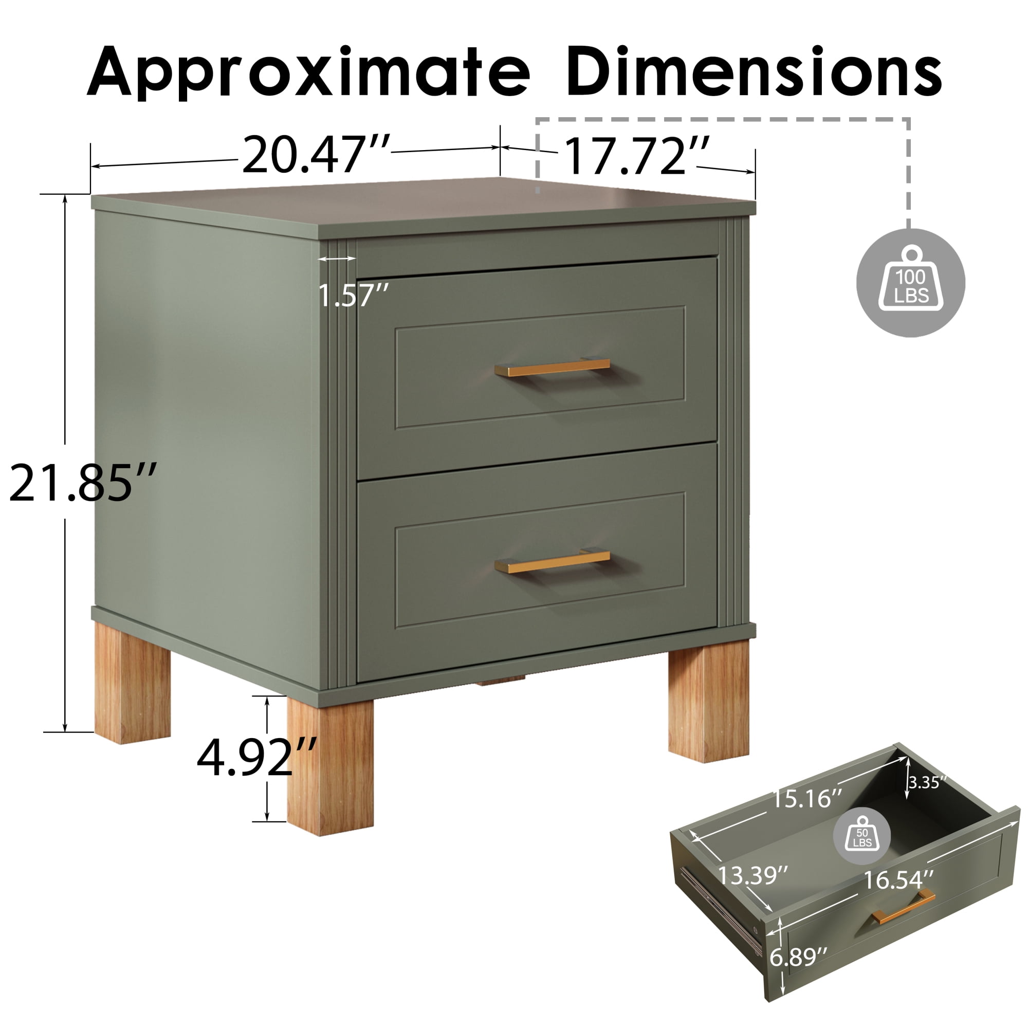 Leumius Nightstand for Bedroom,Wood Bedside Table with 2 Drawer & Solid Wood Legs,Small Storage Cabinet for Living Room,Olive