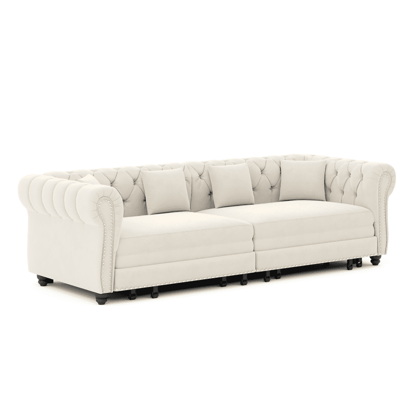 3-in-1 Pull-Out Sofa Bed, 89'' Chesterfield Sofa, Convertible Sleeper Sofa Bed, King Size Sofa Bed, Chaise Lounge, Tufted Design Velvet 3-Seater Sofa with Movable Ottoman
