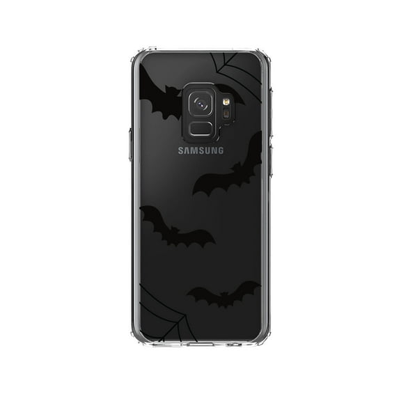 DistinctInk Clear Shockproof Hybrid Case for Samsung Galaxy S9 (5.8" Screen) - TPU Bumper, Acrylic Back, Tempered Glass Screen Protector - Bats and Spider Webs